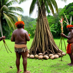 **Nature Respect Ritual**: Create an image depicting a tribal ceremony in the Solomon Islands where community members are performing a tree worship ritual. Include elements of nature, such as lush greenery and traditional attire, highlighting the connection between the tribe and their environment.