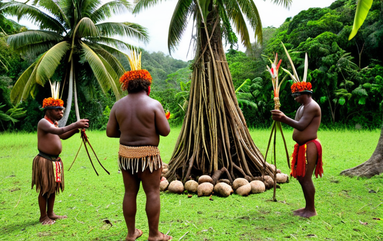 **Nature Respect Ritual**: Create an image depicting a tribal ceremony in the Solomon Islands where community members are performing a tree worship ritual. Include elements of nature, such as lush greenery and traditional attire, highlighting the connection between the tribe and their environment.