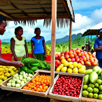 **Image Prompt:** A vibrant marketplace scene in the Solomon Islands. USAID agricultural assistance project is in full swing, with locals displaying fresh produce. In the background, a U.S. aid worker is collaborating with a local farmer, showcasing sustainable farming practices and community engagement. Focus on bright, tropical colors and a sense of collaboration.