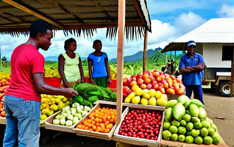 **Image Prompt:** A vibrant marketplace scene in the Solomon Islands. USAID agricultural assistance project is in full swing, with locals displaying fresh produce. In the background, a U.S. aid worker is collaborating with a local farmer, showcasing sustainable farming practices and community engagement. Focus on bright, tropical colors and a sense of collaboration.