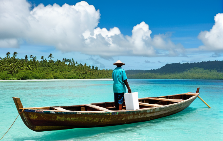 A determined Solomon Islands election official, fully clothed in a professional, modest light uniform, carefully transporting ballot boxes by a traditional wooden boat across calm turquoise waters between small, lush tropical islands. The sky is clear, with a few white clouds, symbolizing the efforts to ensure democratic access in challenging geographical settings. The official has perfect anatomy, correct proportions, and a natural pose. Well-formed hands, proper finger count, and natural body proportions are visible. Safe for work, appropriate content, family-friendly, professional photography, high quality.