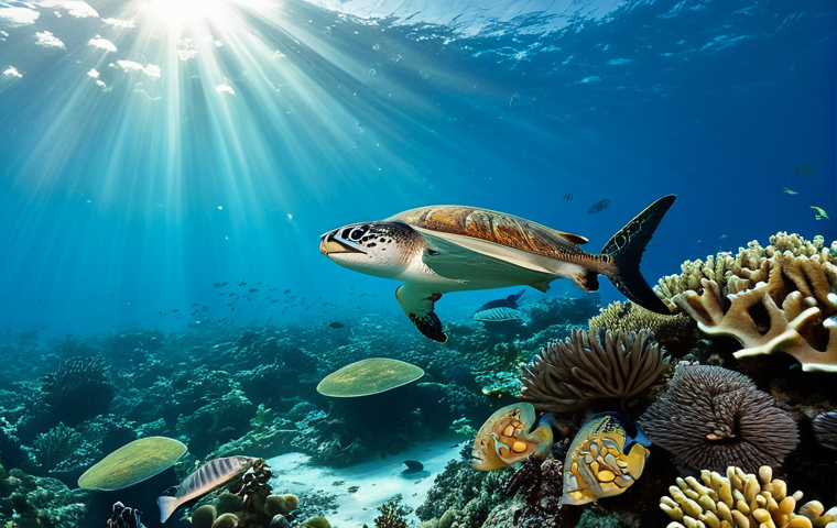 An expansive, healthy coral reef ecosystem in the Solomon Islands, teeming with life. Vibrant hard and soft corals of various shapes and colors fill the foreground and midground. A diverse school of brightly colored tropical fish, including barracuda, swim gracefully through the crystal-clear, turquoise water. Sunlight streams down from the surface, creating ethereal light rays and illuminating the scene. In the background, a large, majestic sea turtle glides serenely, and a distant blacktip reef shark maintains a natural, non-threatening presence, all with perfect anatomy and correct proportions. Underwater photography, professional quality, high definition, sharp focus, natural colors, tranquil atmosphere, safe for work, appropriate content, fully clothed, family-friendly.