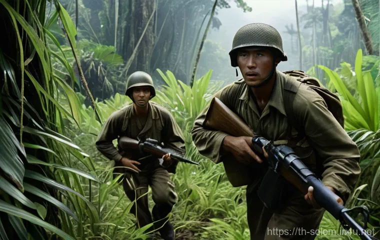 솔로몬 제도 2차 세계대전 전투 - **Guadalcanal Jungle Patrol:** A group of American and Japanese soldiers, in full period-appropriate...