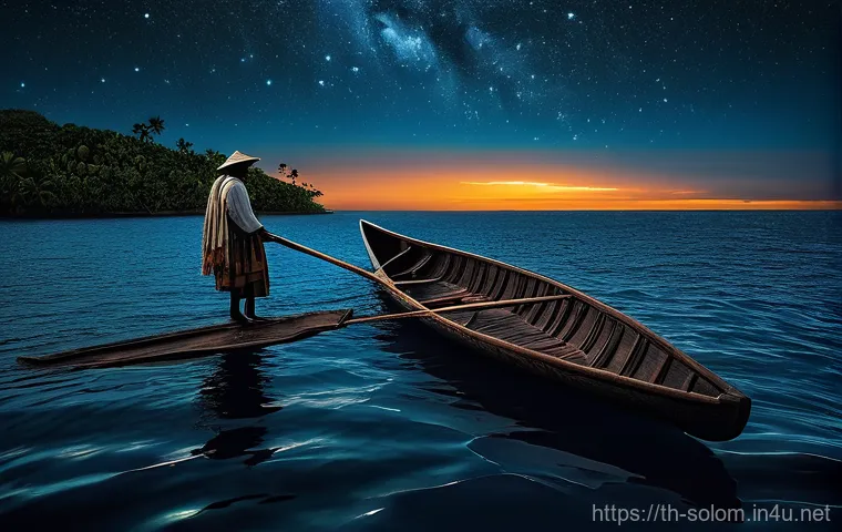 솔로몬 제도 전통 항해 기술 - **"Ancient Navigator's Wisdom Under the Stars"**: A wise, weathered Solomon Islander elder, dressed ...