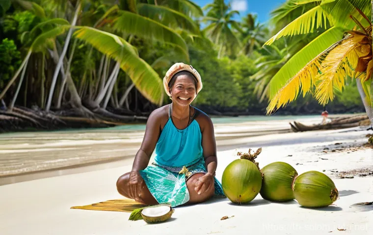 솔로몬 제도 농업 경제 - **Prompt: "A serene, vibrant landscape of the Solomon Islands. A local female farmer, wearing tradit...