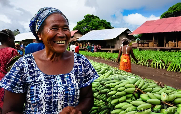 솔로몬 제도 농업 경제 - **Prompt: "An aerial shot revealing diverse agricultural lands in the Solomon Islands. On one side, ...