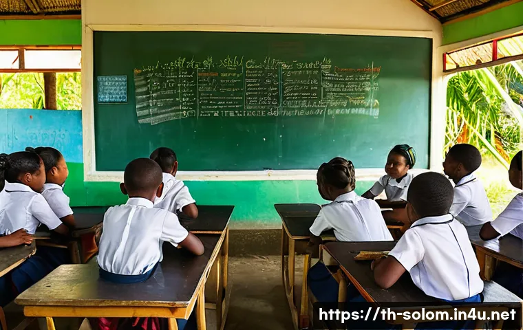 솔로몬 제도 교육 시스템 - A vibrant classroom scene in a remote Solomon Islands primary school featuring local children wearin...