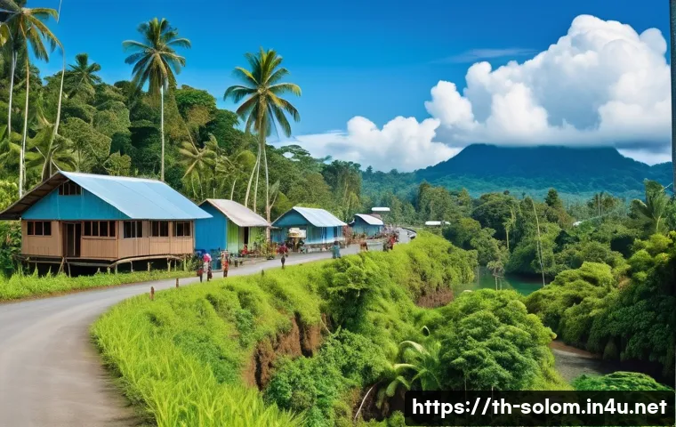 솔로몬 제도 국제 지원 단체 - A vibrant rural Solomon Islands village scene showcasing newly constructed infrastructure: paved roa...
