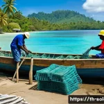 Home 21 솔로몬 제도 노동 환경 - A detailed scene of a Solomon Islands coastal fishing community workplace during the day, showing fi...