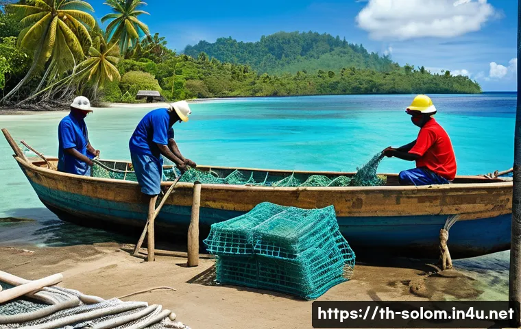 솔로몬 제도 노동 환경 - A detailed scene of a Solomon Islands coastal fishing community workplace during the day, showing fi...