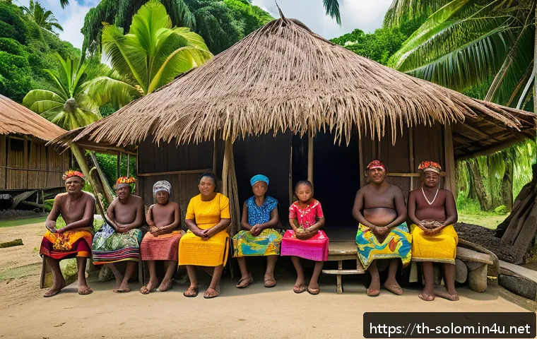 솔로몬 제도 공용어 - A vibrant village scene in the Solomon Islands showing a diverse group of islanders of various ages ...