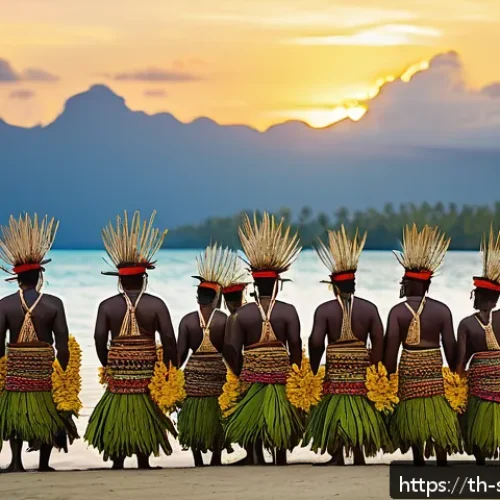 Home 30 솔로몬 제도 주요 도시 - A vibrant traditional festival scene on a Solomon Islands village beach at sunset, featuring warmly ...