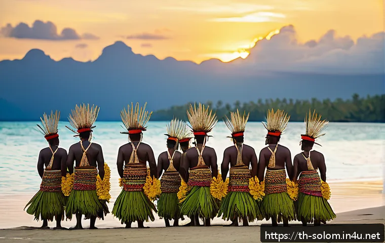 솔로몬 제도 주요 도시 - A vibrant traditional festival scene on a Solomon Islands village beach at sunset, featuring warmly ...
