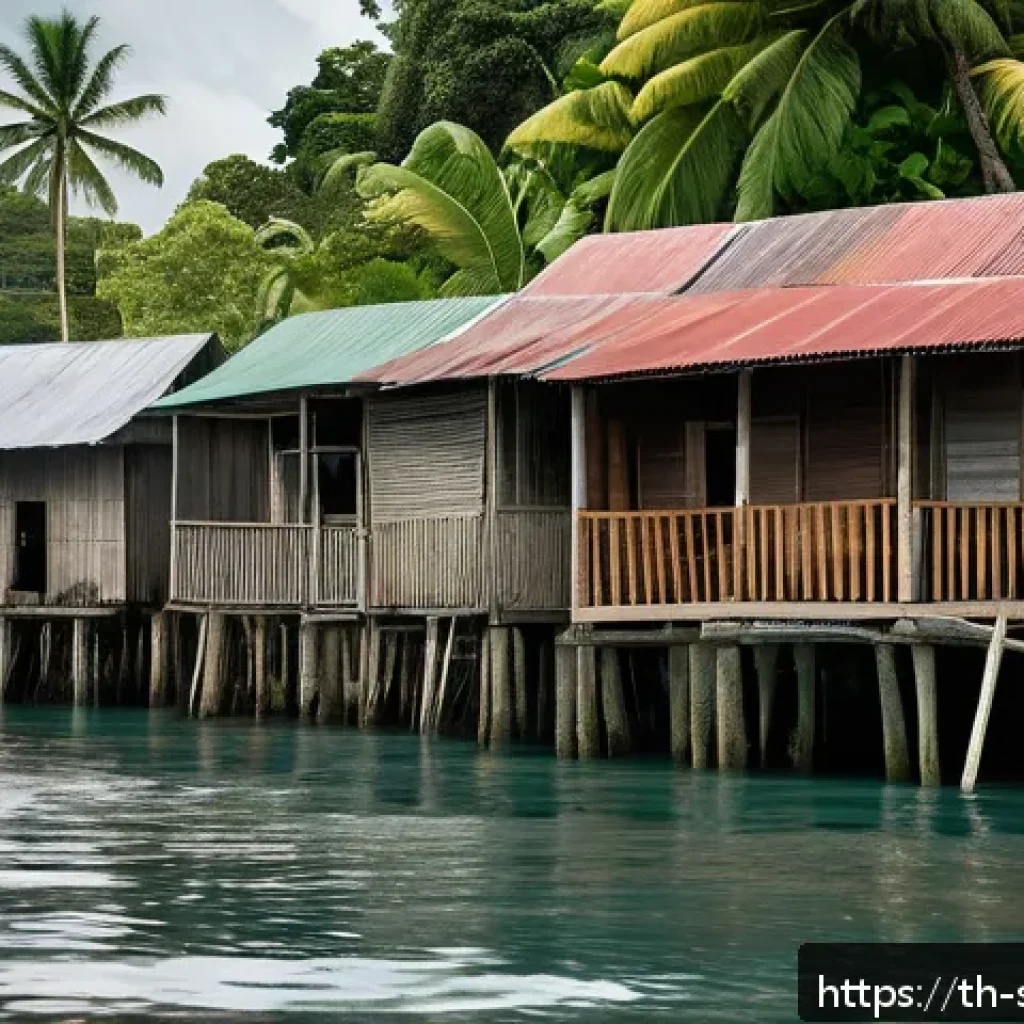 솔로몬 제도 환경 문제 - A coastal village in the Solomon Islands facing rapid sea level rise, showing traditional wooden hou...