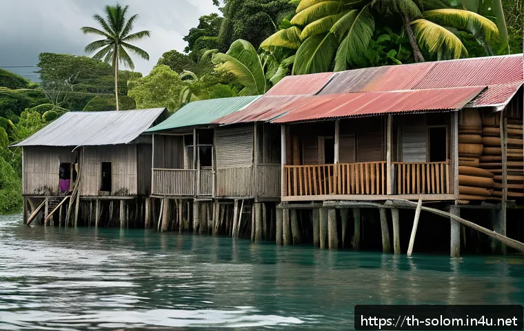 솔로몬 제도 환경 문제 - A coastal village in the Solomon Islands facing rapid sea level rise, showing traditional wooden hou...