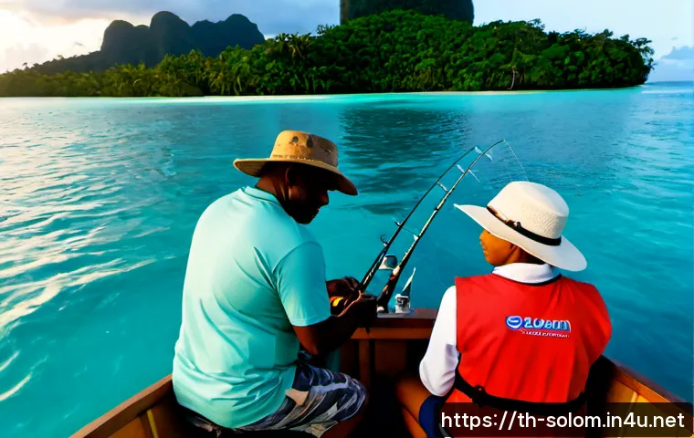 솔로몬 제도 낚시 투어 - Photorealistic Solomon Islands saltwater fishing tour at sunrise, Thai adult travelers wearing sun h...